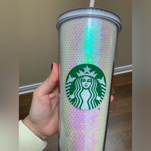 STARBUCKS Pink & White Sequin Glitter Cold Cup Tumbler Holiday 2020 - 24oz - Picture 7 of 11